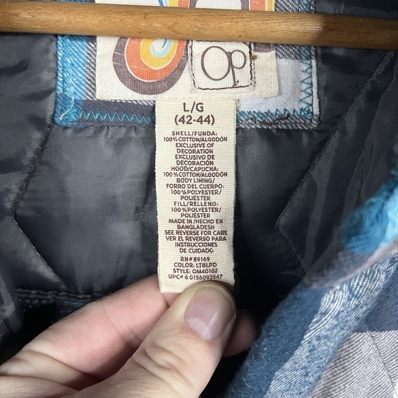 Vintage 90s Y2K OP Shacket Mens L Flannel Plaid Hoodie Quilted Blue Gray Skiwear - Picture 3 of 14